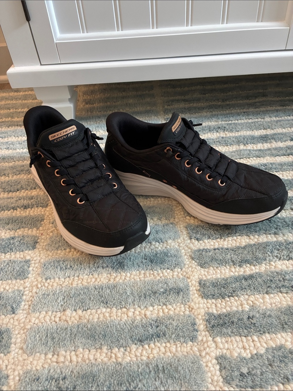 Skechers Black Quilted Lace-Up Sneakers with Rose-Gold Eyelets